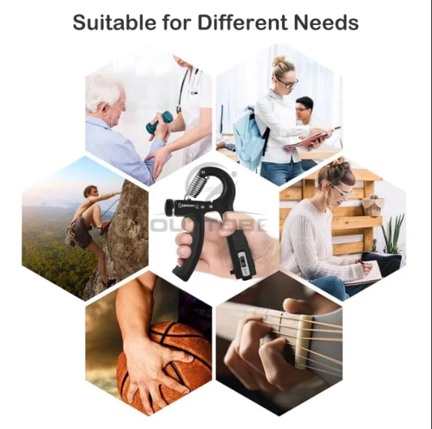Hand grip strengthener with adjustable resistance and grip counter helps improve hand strength, recovery, and daily fitness training at home.