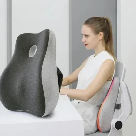 Lumbar support pillow designed for office chairs and car seats. Ergonomic memory foam support improves posture and relieves lower back discomfort.