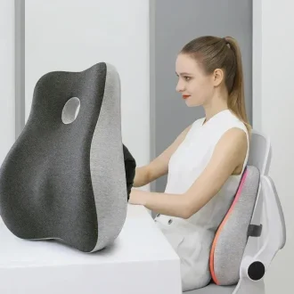 Lumbar support pillow designed for office chairs and car seats. Ergonomic memory foam support improves posture and relieves lower back discomfort.